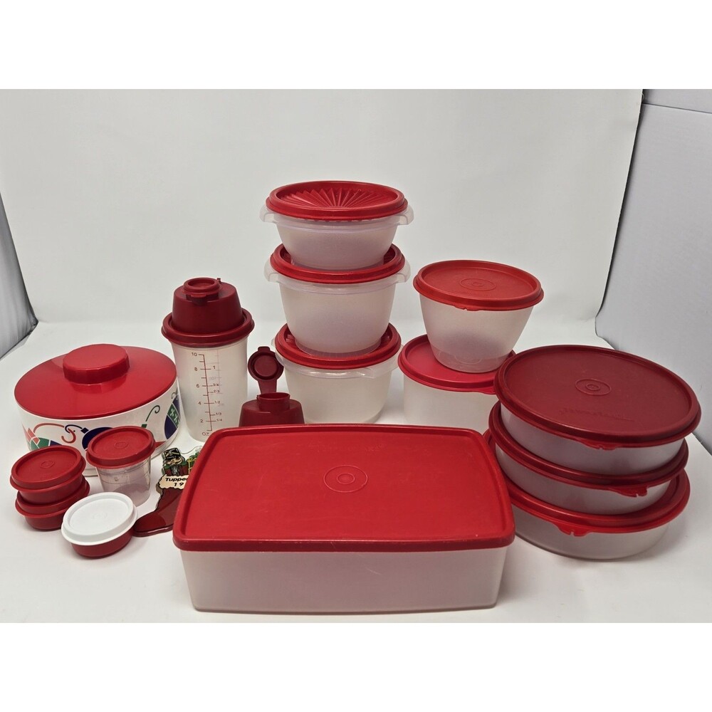 VINTAGE TUPPERWARE MISC LOT OF 34 RED CHRISTMAS FESTIVE FOOD STORAGE CONTAINERS